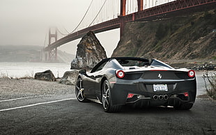 black Ferrari sports coupe, Ferrari, road, bridge, Ferrari 458 Spider