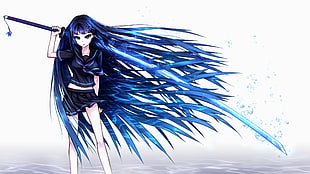 blue haired female anime character holding masamune sword digital wallpaper