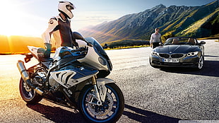 white and blue BMW sport bike, BMW, s1000rr, hp4, motorcycle