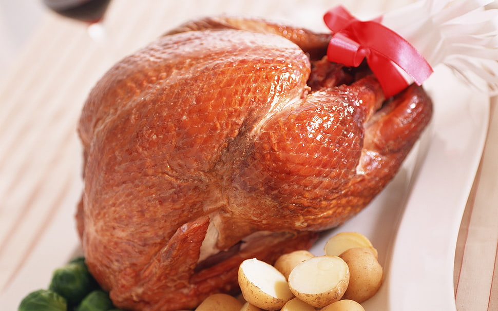 roasted chicken on the plate HD wallpaper