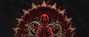 red human skeleton figure decor, skull and bones, gold, skull, bones
