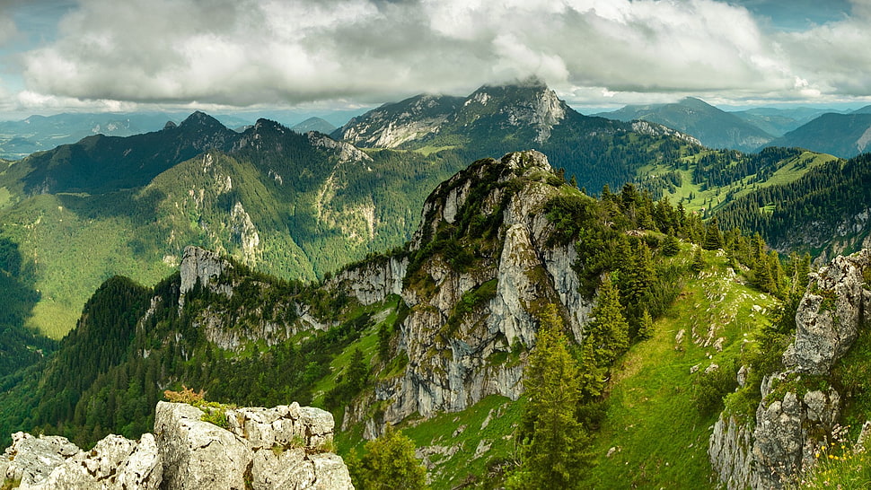 green and gray mountains, landscape, mountains, forest, nature HD wallpaper