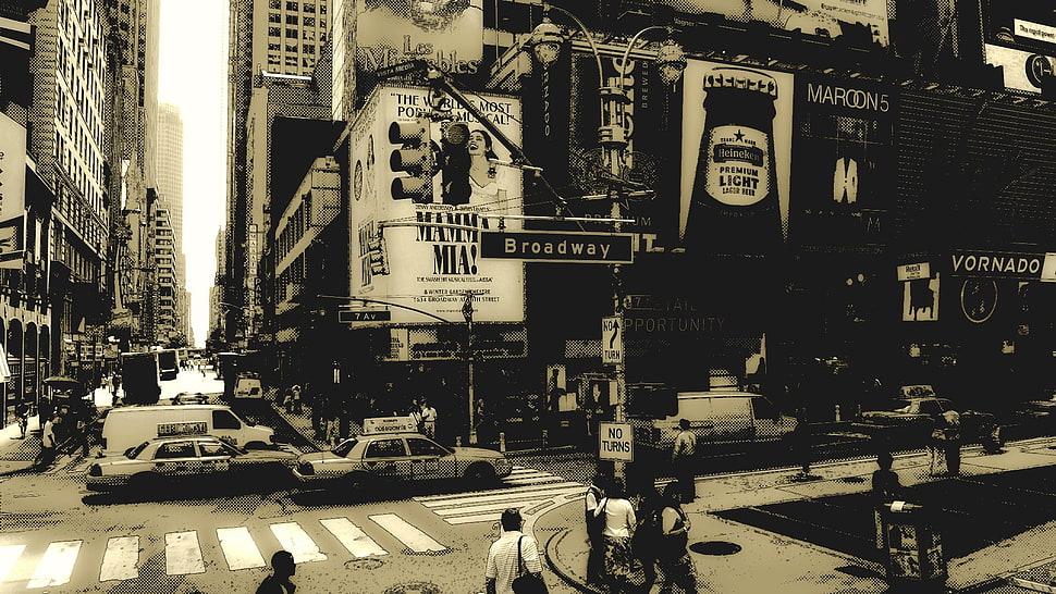 sephia photo of Broadway street, city HD wallpaper
