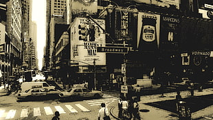 sephia photo of Broadway street, city