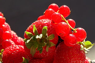 close up photography of strawberries and red cherries