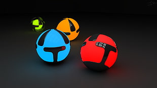 four assorted-color LED ball toys, balls, digital art, render