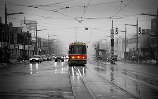 red tram train, street, urban, Toronto, selective coloring