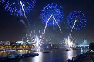 fireworks display on city, thames