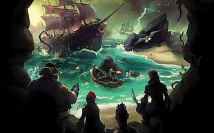 sail ship tangled by octopus near seashore with sharks and four pirates game digital wallpaper