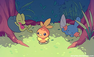 Pokemon cast illustration, Pokémon, Treecko, Mudkip, Torchic 