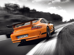 orange Porsche 911 GT3 coupe, vehicle, car, Porsche, motion blur HD wallpaper
