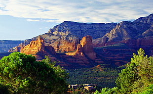 landscape photo of a mountain near green leaf trees under blue skies, sedona, az HD wallpaper