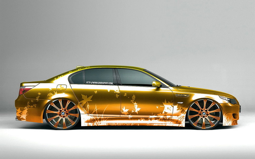 gold BMW E60 sedan, race cars HD wallpaper