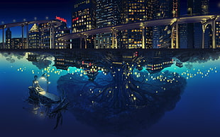 person riding on boat during night illustration
