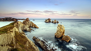 brown rock formation, nature, sea, rock, waves HD wallpaper
