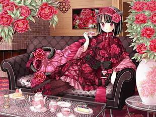 female anime sitting on couch illustration