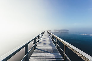 gray wooden dock, landscape, bridge, wooden surface, sea HD wallpaper