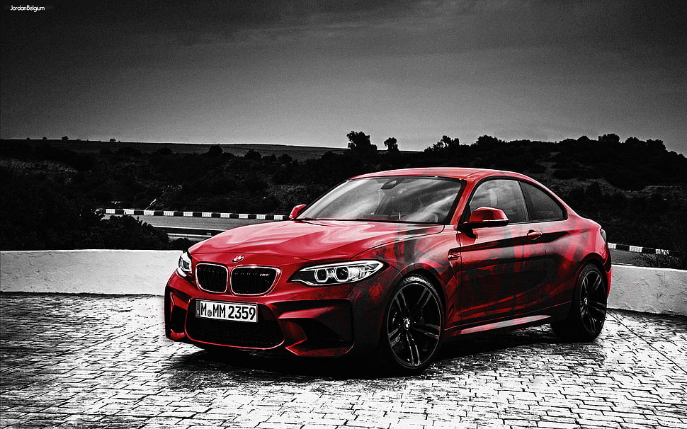 red BMW coupe selective color photography HD wallpaper