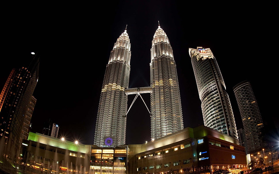two gray and white wooden wall decors, cityscape, skyscraper, night, Petronas Towers HD wallpaper