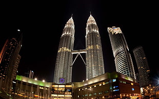 two gray and white wooden wall decors, cityscape, skyscraper, night, Petronas Towers HD wallpaper