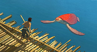 red turtle in front of man holding bamboo stick cartoon digital wallpaper