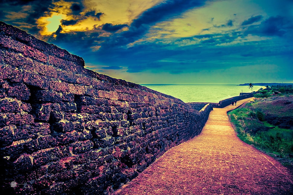 black clay brick, HDR, clouds, path, wall HD wallpaper