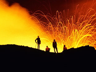 still wool photography of fireworks, Hawaii, eruption, group of people, smoke