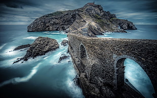 road surrounded by body of water, Spain, sea, San Juan de Gaztelugatxe, HDR HD wallpaper