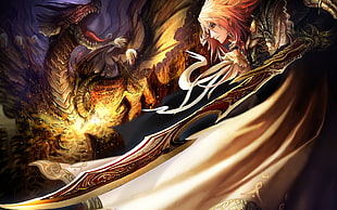 man warrior and dragon illustration, anime, dragon
