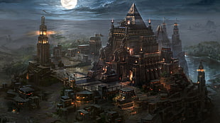 illustration of temple, Egypt, Nile, night, fantasy art
