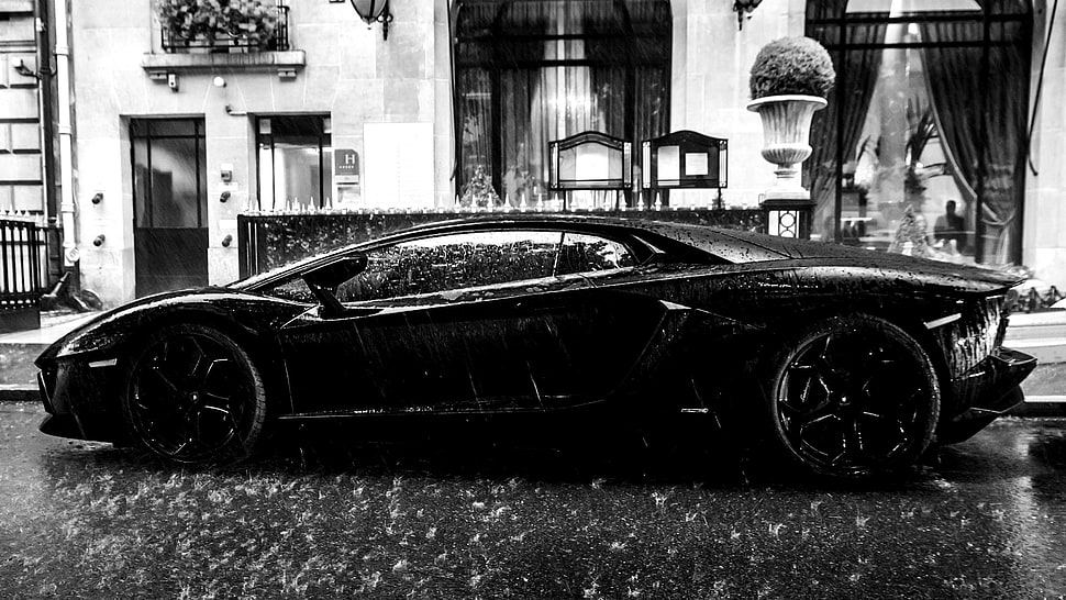 black sports car, car, Lamborghini Aventador, rain HD wallpaper