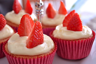 strawberry cupcakes on white surface HD wallpaper