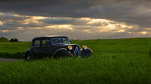 blue and black dune buggy, car, Retro style, field, sunset