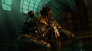gray and brown creature digital wallpaper, BioShock, video games, Big Daddy, Little Sister