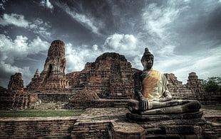 gray concrete Buddha statue, temple, Buddha, statue HD wallpaper