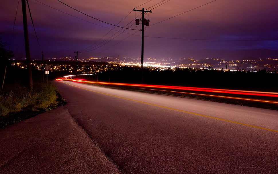 timelapse photography of car's tail light on road during night time HD wallpaper