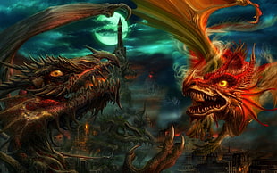 two dragon illustration HD wallpaper