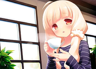 animated peach-colored-haired girl holding white teacup near black metal-framed windows
