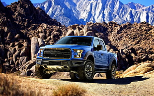 blue and white Ford F-150 extra cab, Ford, raptor, car, mountains