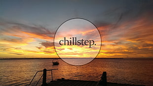 Chillstep text, Tatof, sunset, digital art, boat