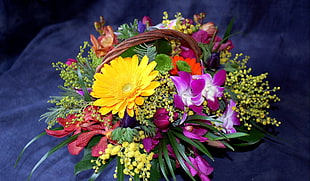 purple, yellow, and red petaled flower bouquet on blue surface
