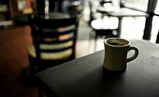 white ceramic coffee mug on black wooden table HD wallpaper