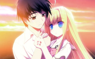 female and male anime character facing each other