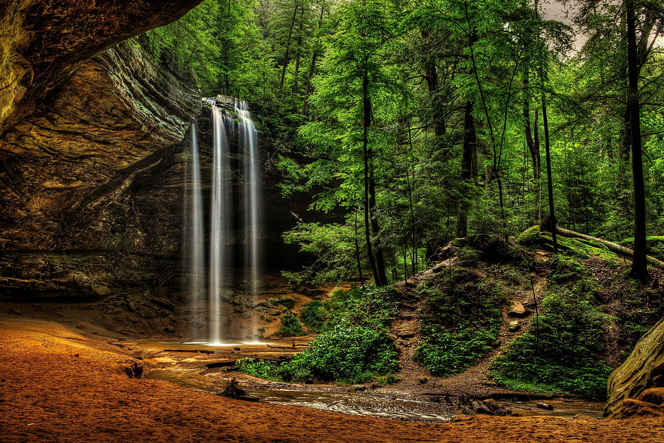 waterfalls surrounded green leafed trees, trees, waterfall HD wallpaper