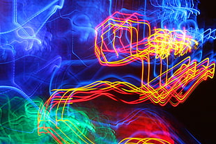 yellow and red LED light, long exposure, light painting, colorful, digital art
