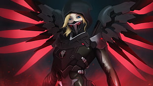 female wearing black mask with wings game character digital wallpaper