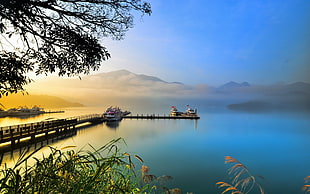 brown wooden dock, lake, mountains, water, landscape