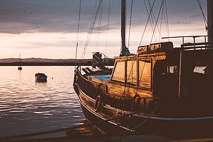 brown fishing boat, Sailboat, Sunset, Sea
