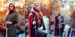 women's gray long-sleeved collage, women outdoors, model, women, sword HD wallpaper