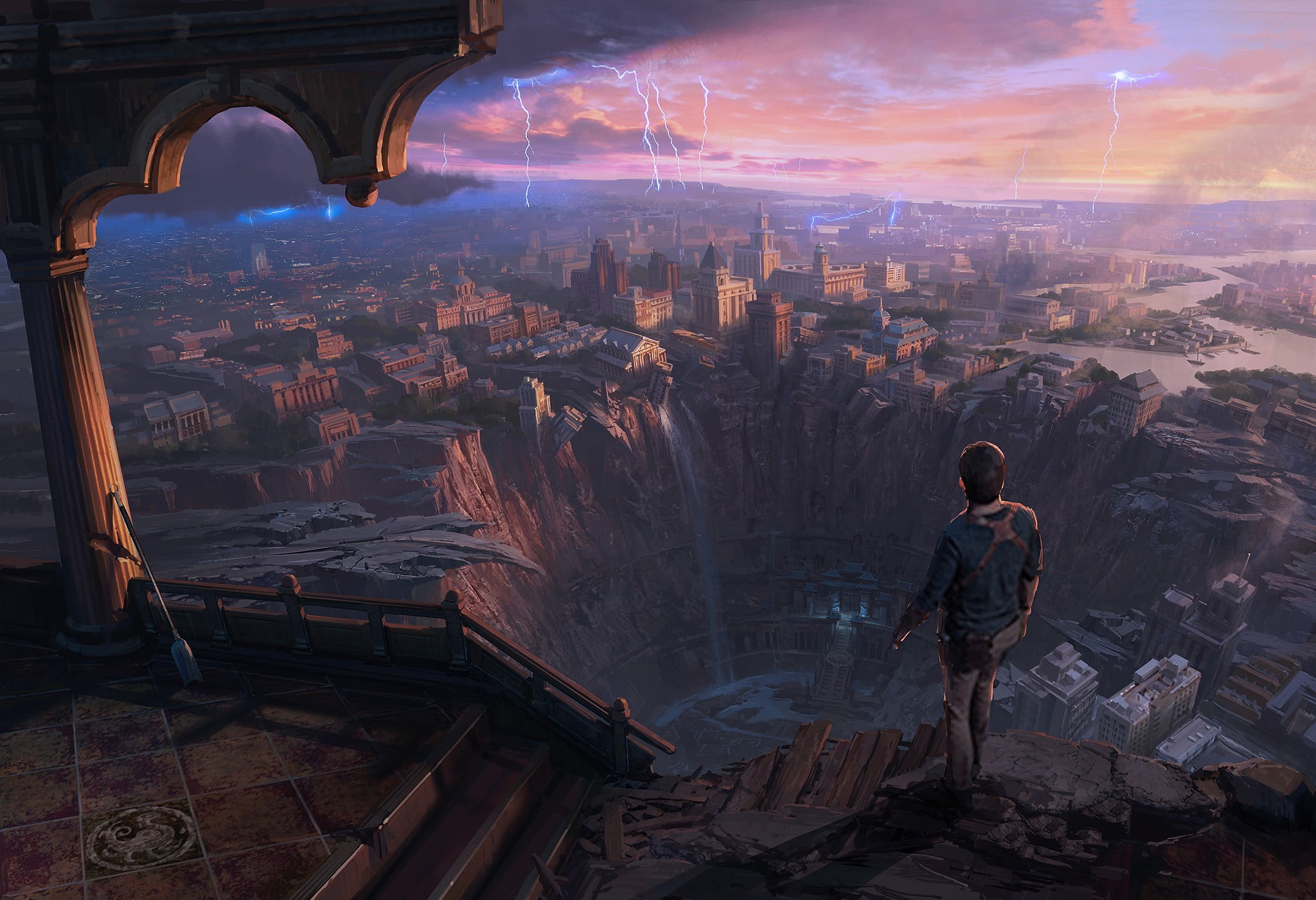 Uncharted video game cover, illustration, fantasy art, sunset